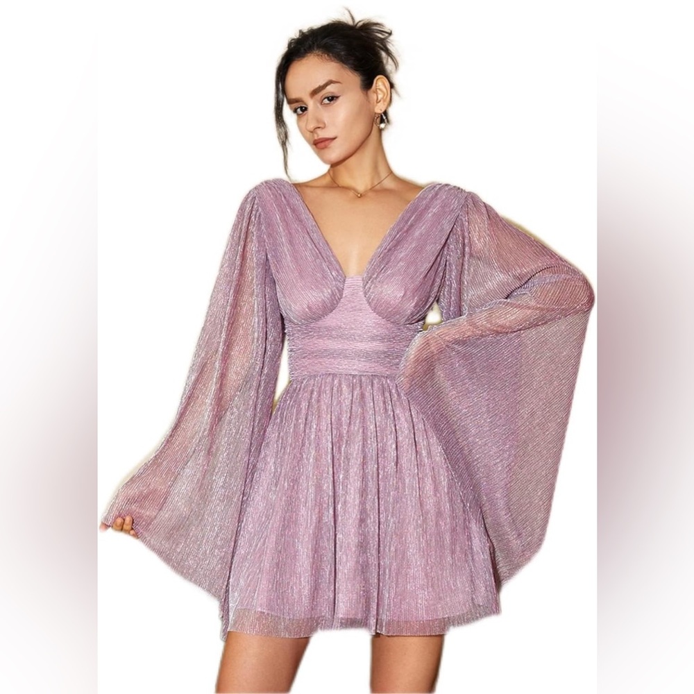 AEL Amy Enjoy Life Flowey Wing Sleeve Purple Sparkle Mini-Dress Sz: Small